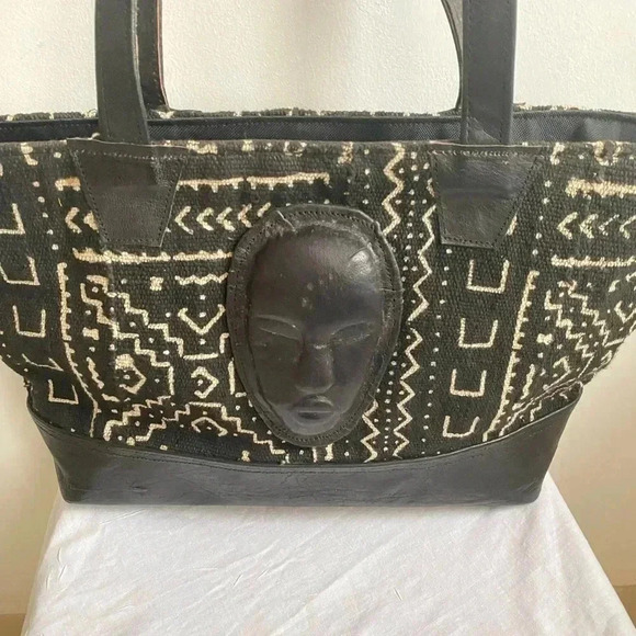 Handmade mud cloth leather face handbag - Picture 3 of 10